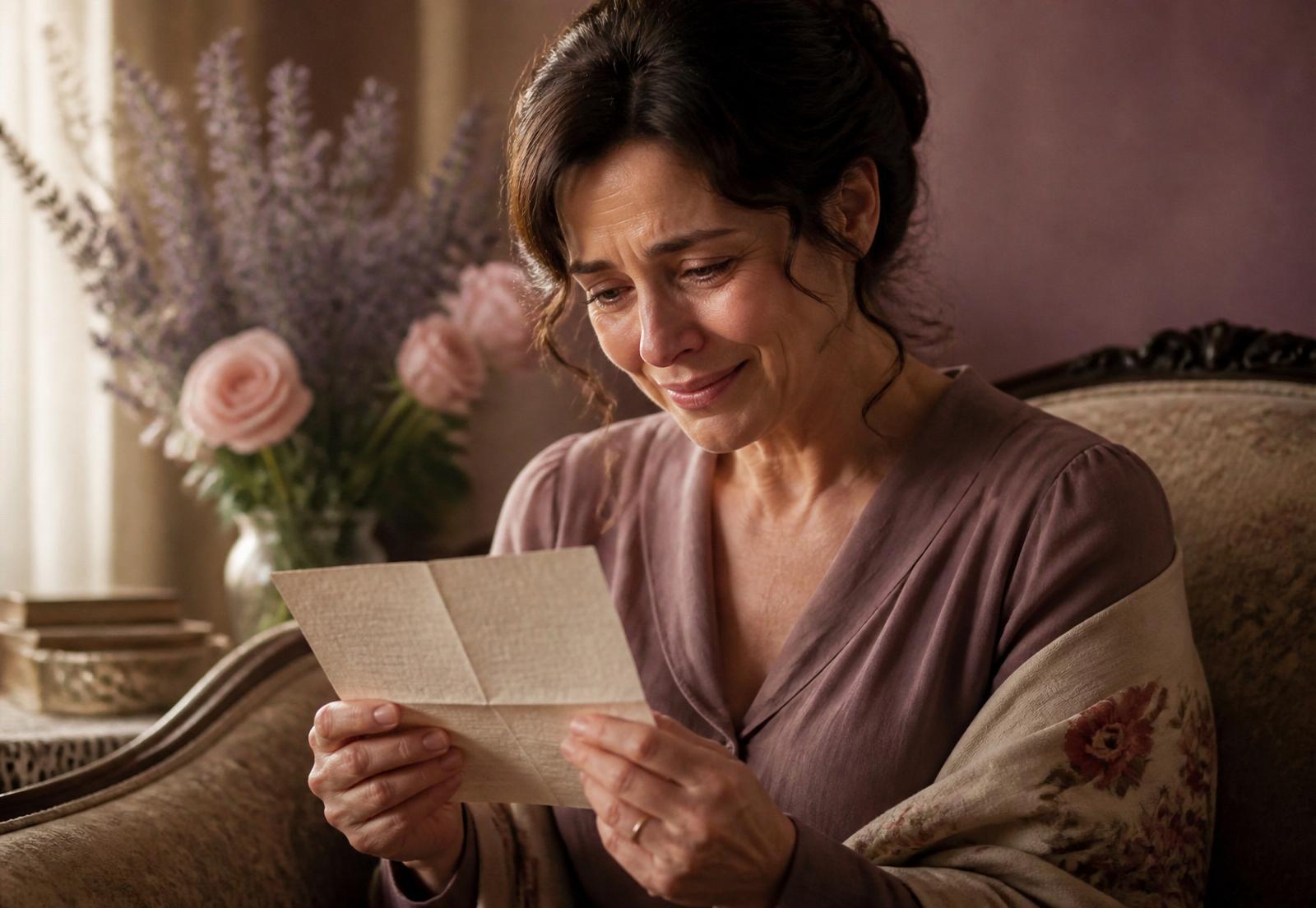 A woman reading a handwritten letter with quiet emotion