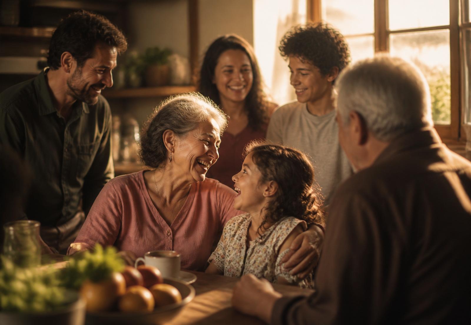 A family gathered around a kitchen table, laughing together