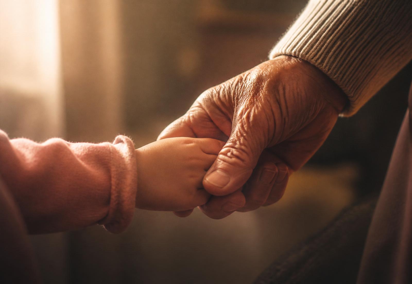 A grandparent's hand holding a small child's hand in soft window light